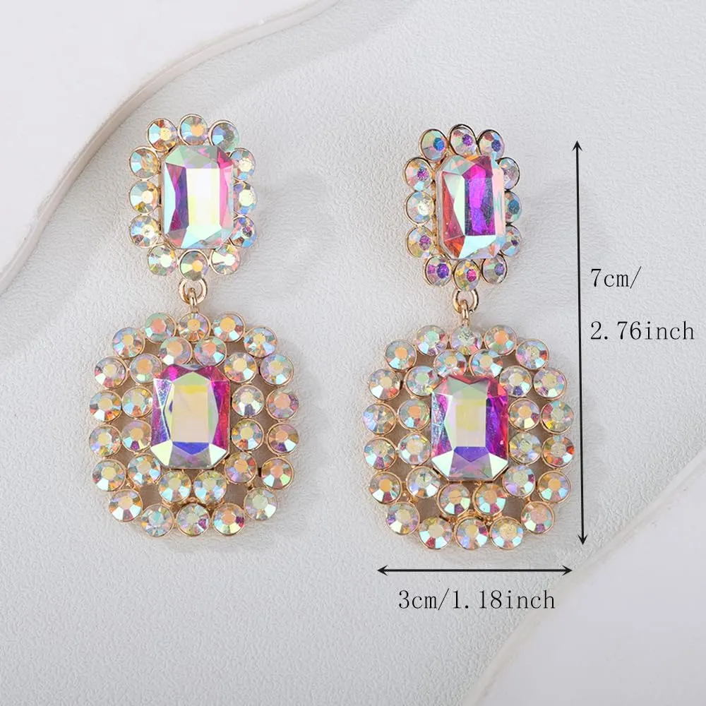 Women Bohemian Geometry Rhinestone Dangle Drop Earrings Rectangle Crystal Rhinestone Statement Earrings Vintage Rhinestone Chandelier Earrings for Women