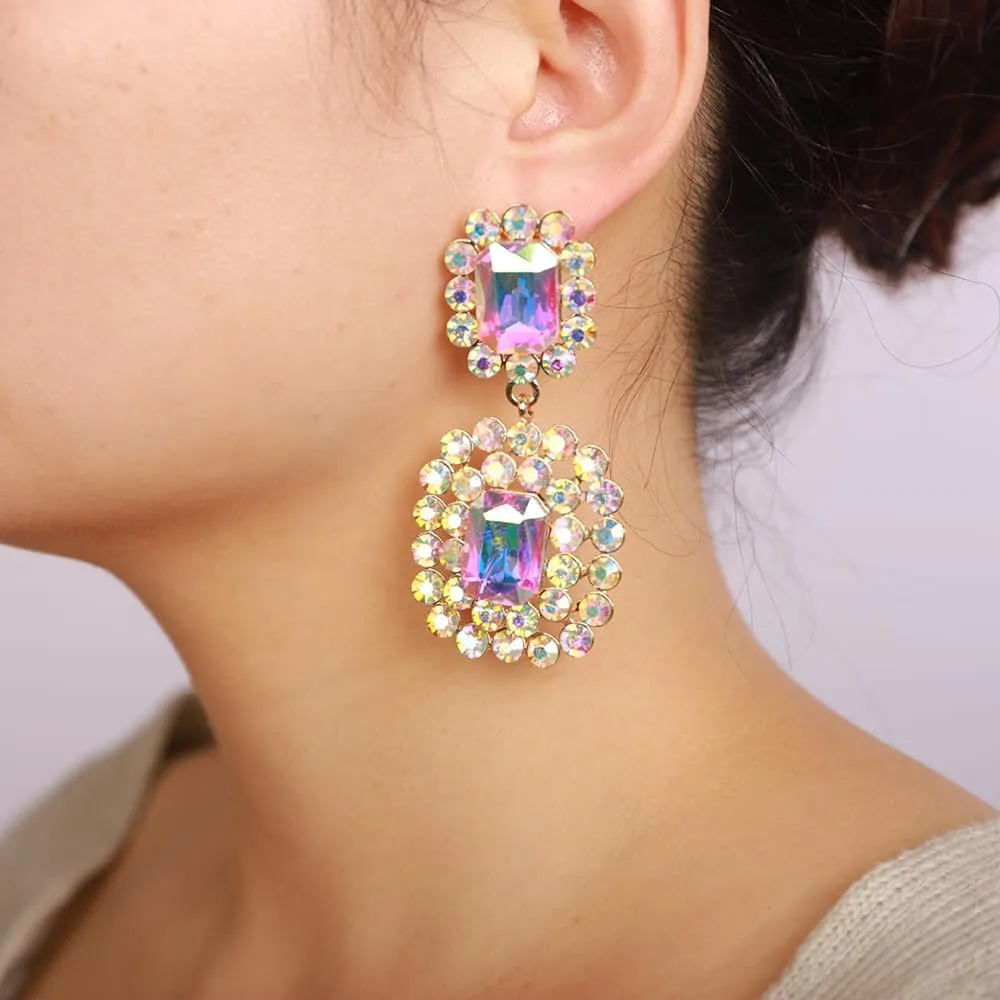 Women Bohemian Geometry Rhinestone Dangle Drop Earrings Rectangle Crystal Rhinestone Statement Earrings Vintage Rhinestone Chandelier Earrings for Women