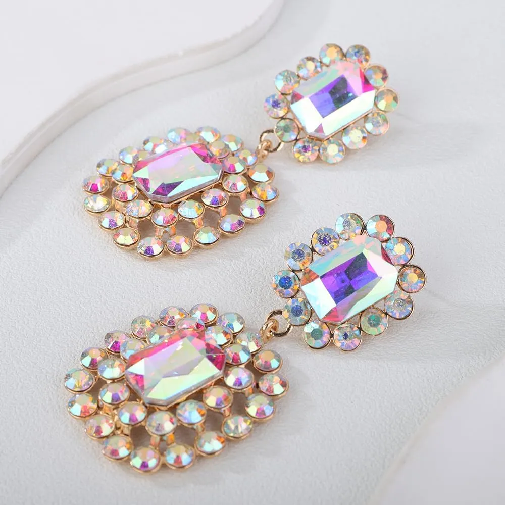 Women Bohemian Geometry Rhinestone Dangle Drop Earrings Rectangle Crystal Rhinestone Statement Earrings Vintage Rhinestone Chandelier Earrings for Women