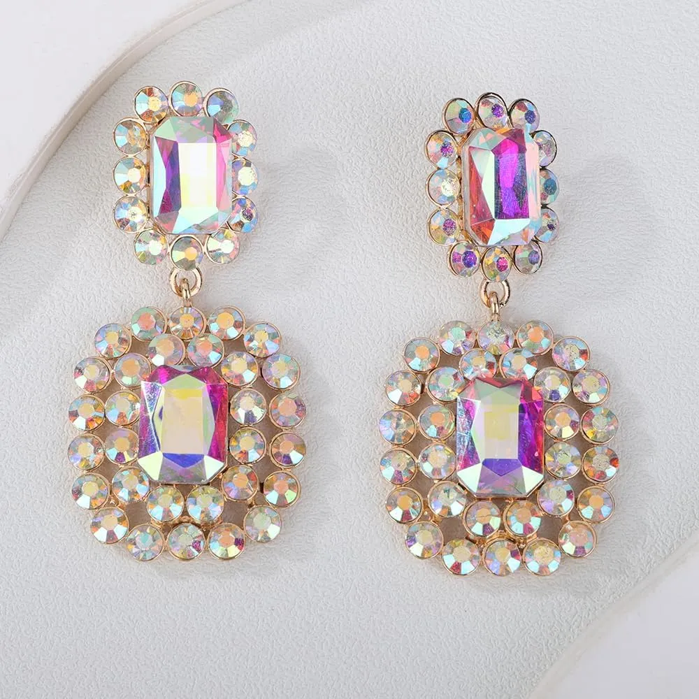 Women Bohemian Geometry Rhinestone Dangle Drop Earrings Rectangle Crystal Rhinestone Statement Earrings Vintage Rhinestone Chandelier Earrings for Women