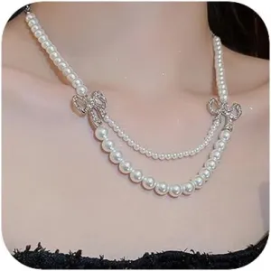 Women Bridal Vintage 1920s Layered Tassels Necklace Multilayer Rhinestones Pearl Shiny Choker Necklace Fashion Gold Silver Simple Necklaces for Women (Silver)