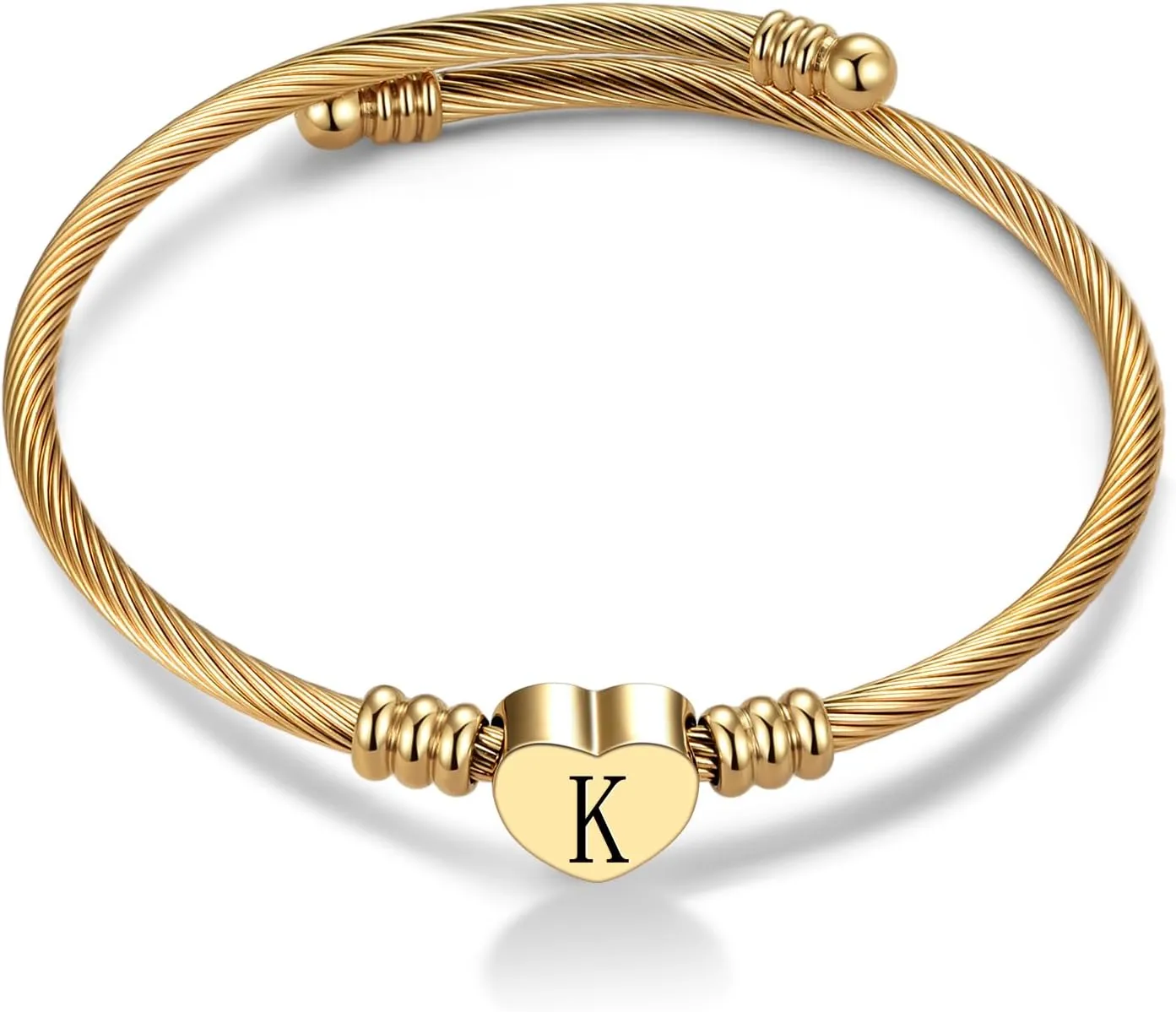 Women Gold Plated Heart Initial A-Z Letter Cuff Bracelets Expandable Stainless Steel Birthday Jewelry