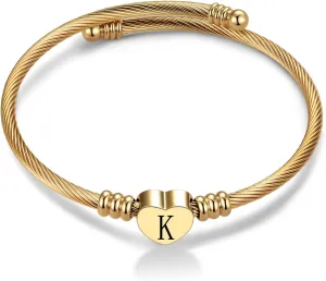 Women Gold Plated Heart Initial A-Z Letter Cuff Bracelets Expandable Stainless Steel Birthday Jewelry