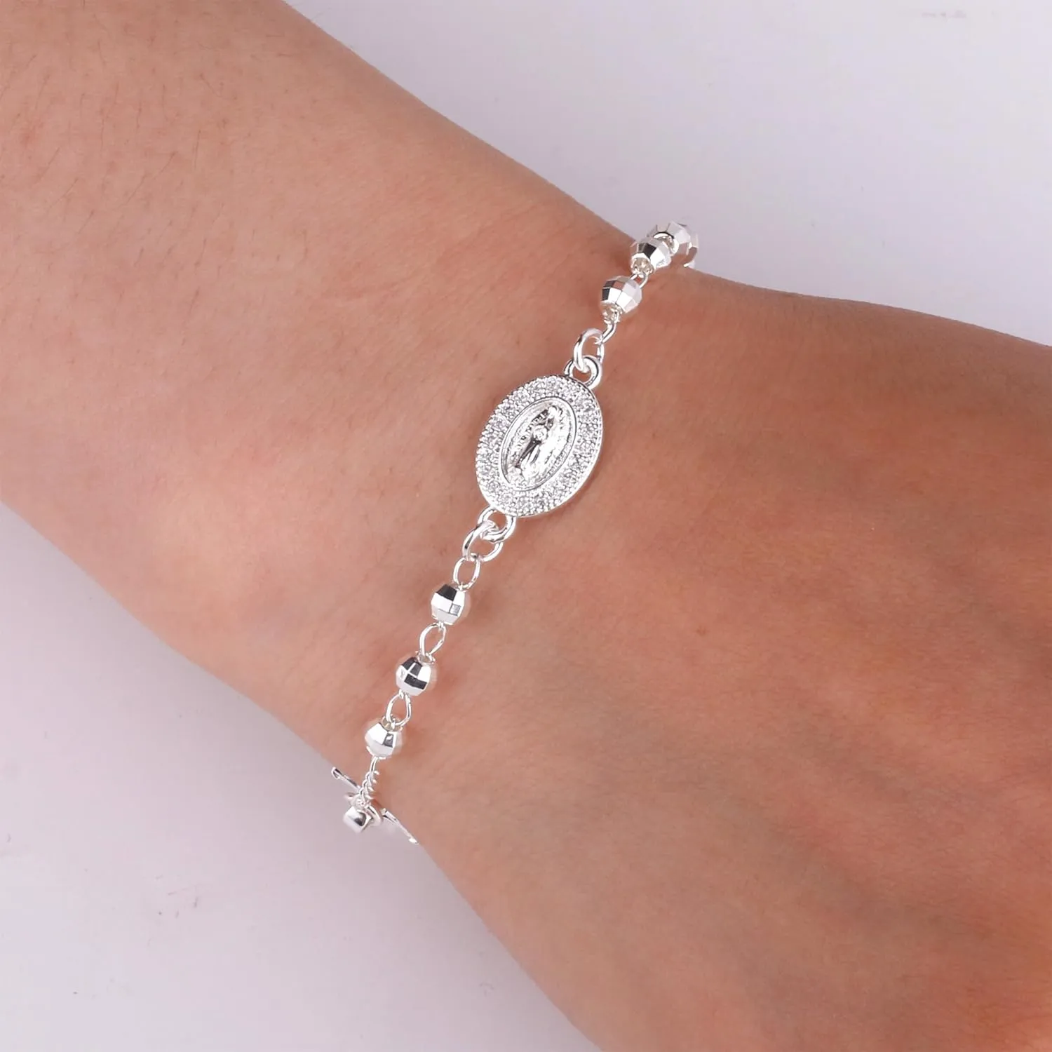 Women Link Bracelets Gold Plated Crucifix Rosary Bead Rose Chain Bracelet