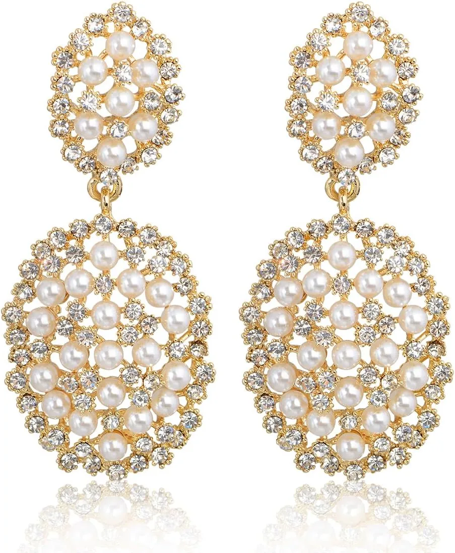 Women's Wedding Bridal Crystal Rhinestone Simulated Pearl Multi Beaded Cluster Oval Geometric Dangle Earrings Gold for Party Prom