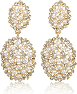 Women's Wedding Bridal Crystal Rhinestone Simulated Pearl Multi Beaded Cluster Oval Geometric Dangle Earrings Gold for Party Prom