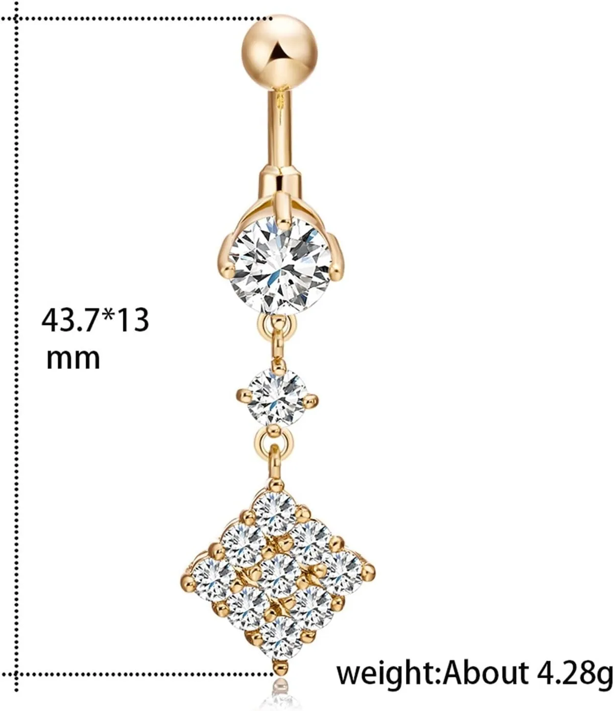Wycian Small Belly Button Ring, Belly Ring Gold Cubic Zirconia Surgical Steel Rhombus 4.28G for Women Girls Body Piercing Jewelry