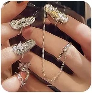 Xerling 4Pcs Punk Silver Crystal Fingertip Ring Set for Women Gothic Finger Nail Tip Rings Nail Cap Protective Cover Rings for Halloween Costume