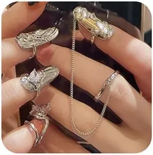 Xerling 4Pcs Punk Silver Crystal Fingertip Ring Set for Women Gothic Finger Nail Tip Rings Nail Cap Protective Cover Rings for Halloween Costume