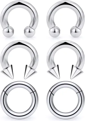 Yaalozei 10G 8G 6G Septum Rings Hinged Ear Gauges Clicker Silver 316L Surgical Steel Heavy Horseshoes Gauges Tunnels Ear Lobe Earrings stretching kit 12mm 14mm 16mm