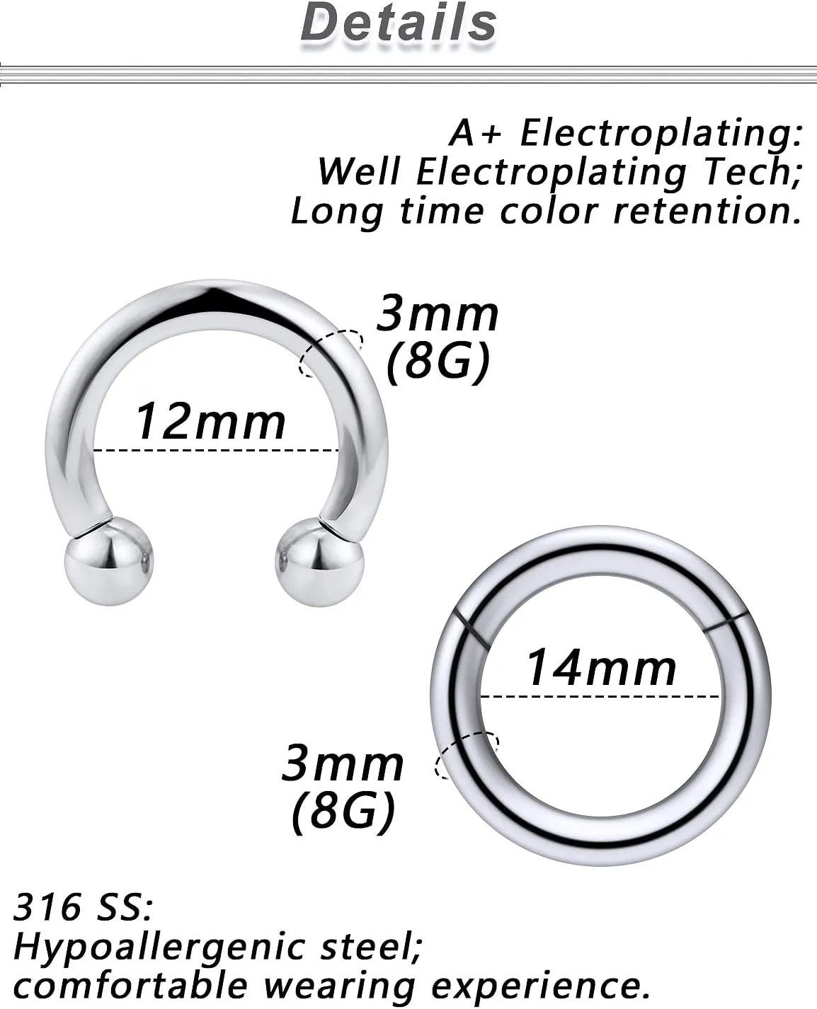 Yaalozei 10G 8G 6G Septum Rings Hinged Ear Gauges Clicker Silver 316L Surgical Steel Heavy Horseshoes Gauges Tunnels Ear Lobe Earrings stretching kit 12mm 14mm 16mm