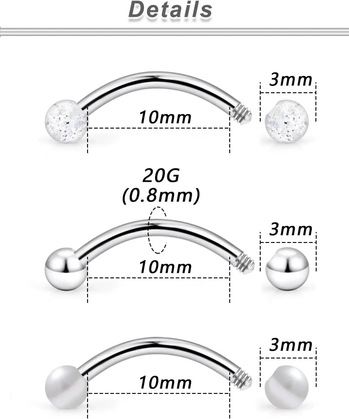 Yaalozei 20G 16G Eyebrow Rings 316L Surgical Steel Daith Rook Earrings Curved Barbell Vertilcal Lip Labret Studs Rings Piercing Jewelry for Women Men 6mm 8mm 10mm Bars Length