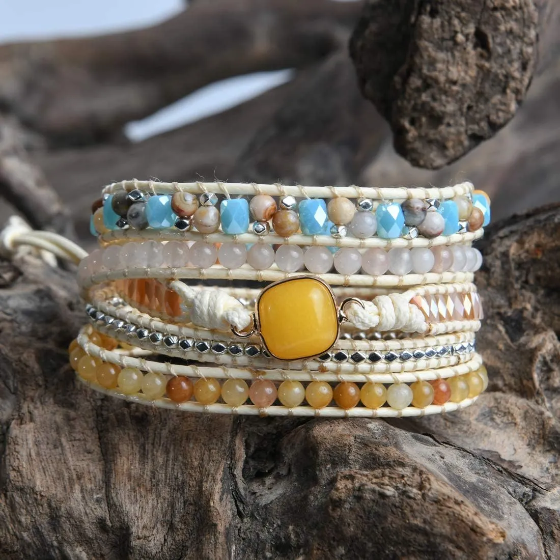 YGLINE Natural Stone Beaded Healing Wax String 5 Wraps Bracelets