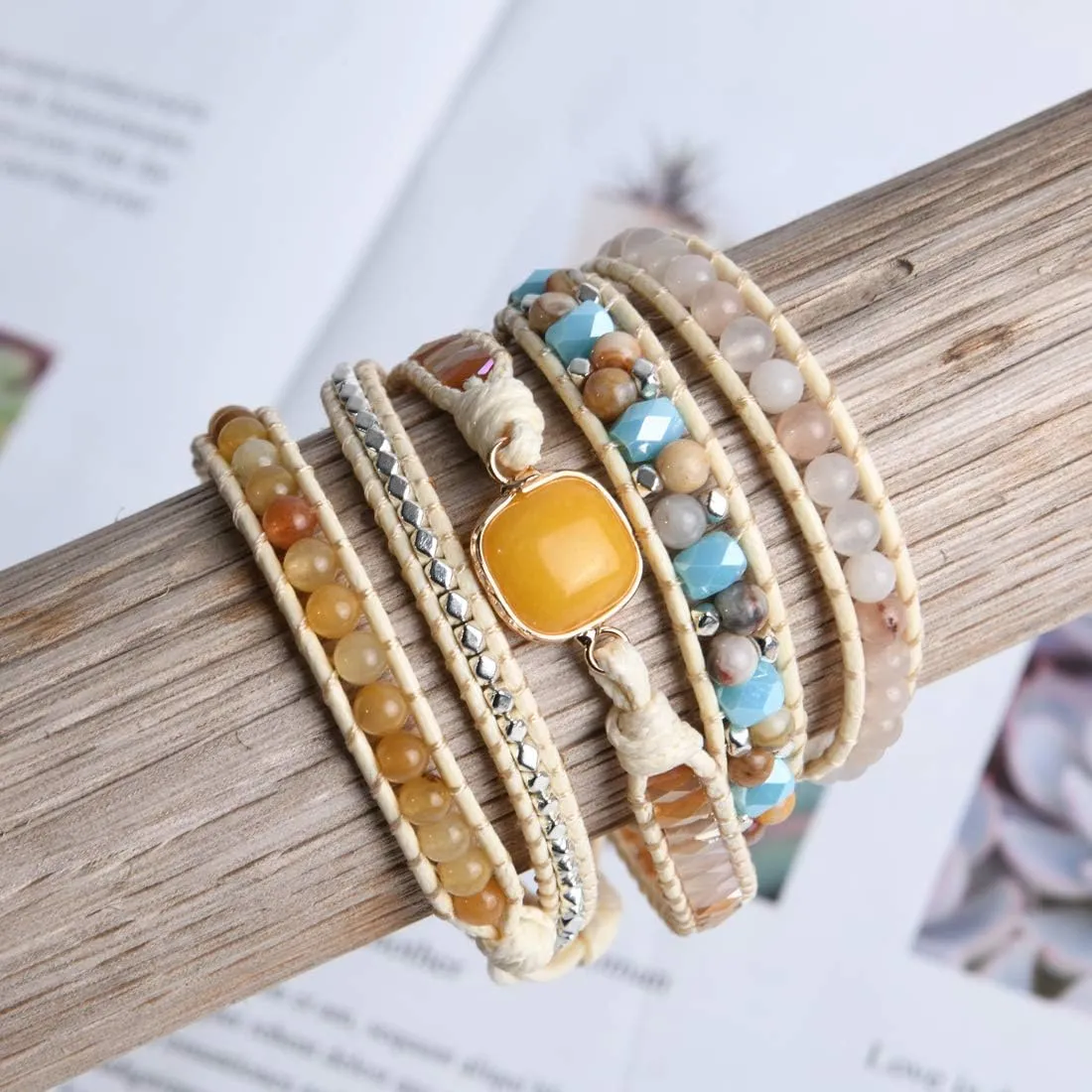 YGLINE Natural Stone Beaded Healing Wax String 5 Wraps Bracelets