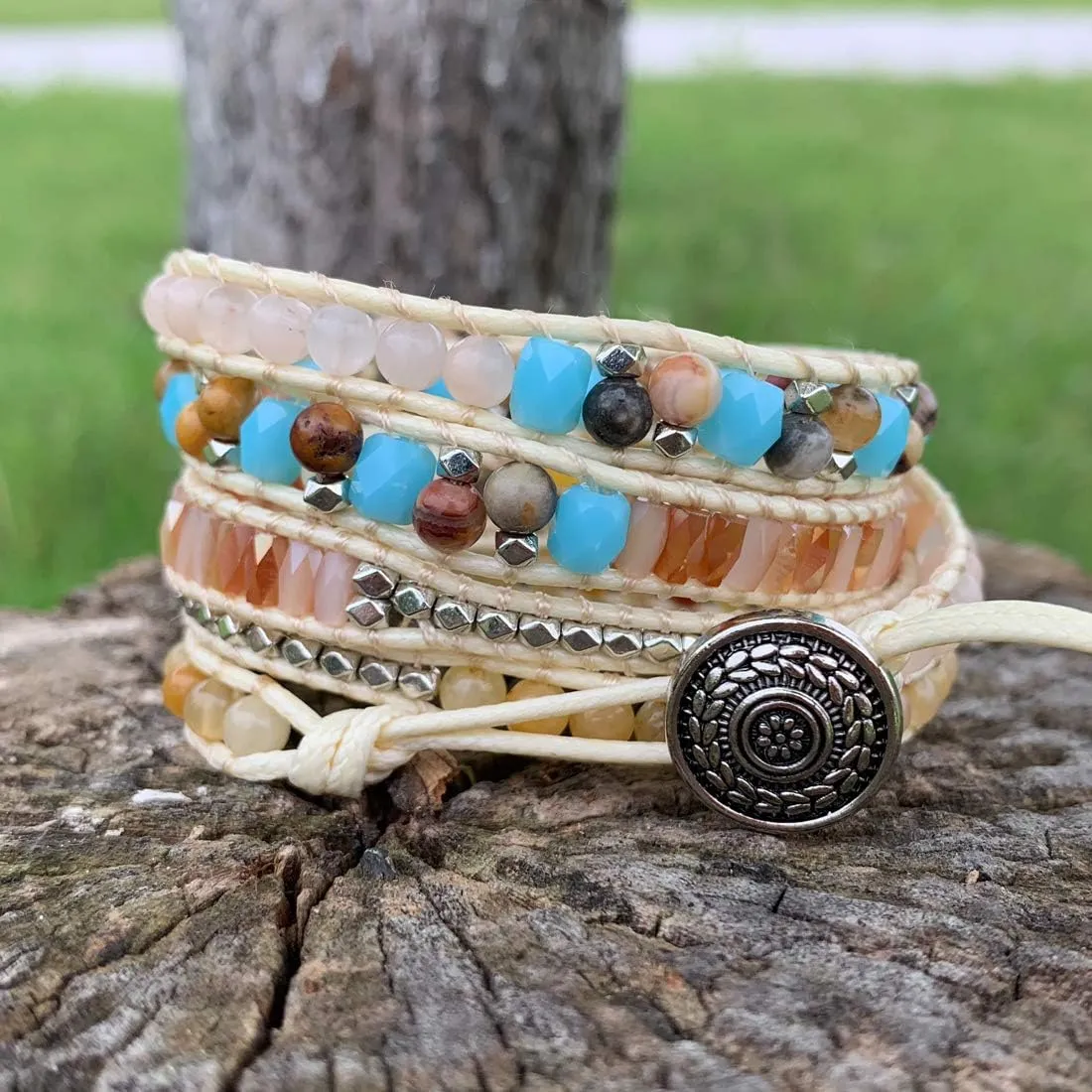 YGLINE Natural Stone Beaded Healing Wax String 5 Wraps Bracelets