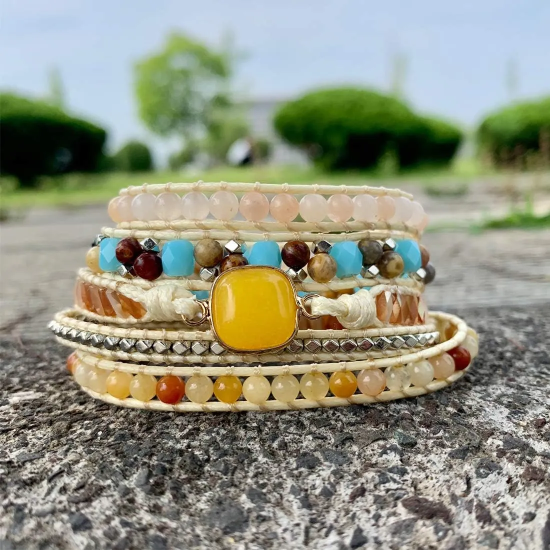 YGLINE Natural Stone Beaded Healing Wax String 5 Wraps Bracelets