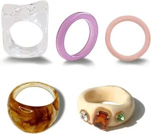 YOOESTORES82 Colorful Chunky Acrylic Resin Rings,Fashion Rhinestone Band Ring for Women Stackable Statement Rings Silicone Ring Set Wedding Band