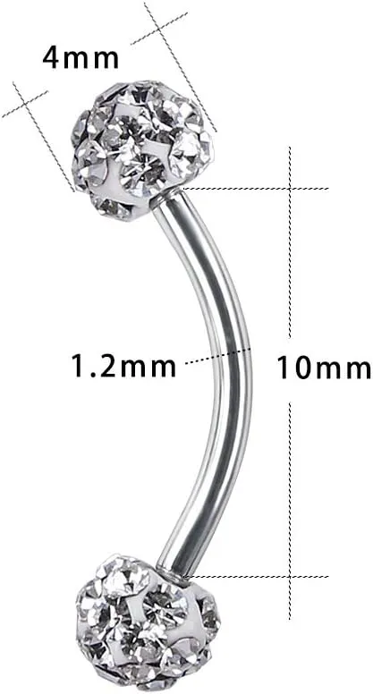 ZS 16 Gauge Eyebrow Rings Curved Barbell 4mm Crystal Ball Belly Button & Nipple Rings